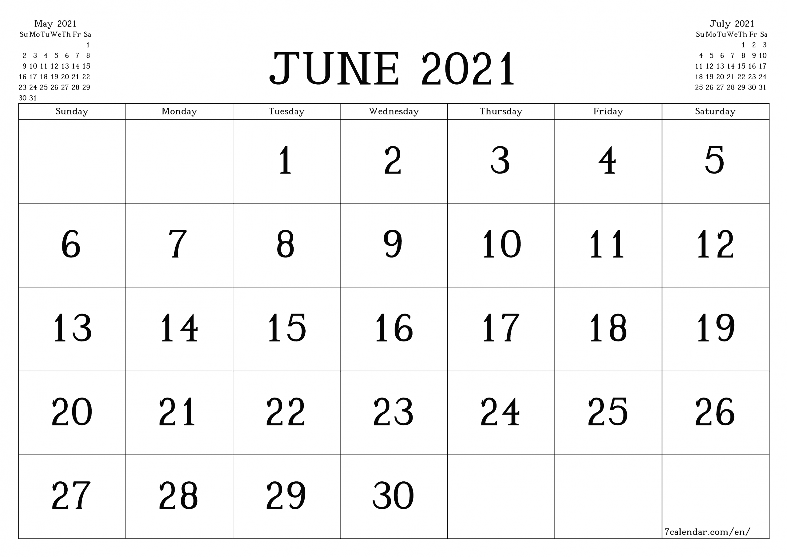 Free Printable Blank Monthly Calendar And Planner For June-June 2021 Calendar Legal Print Size
