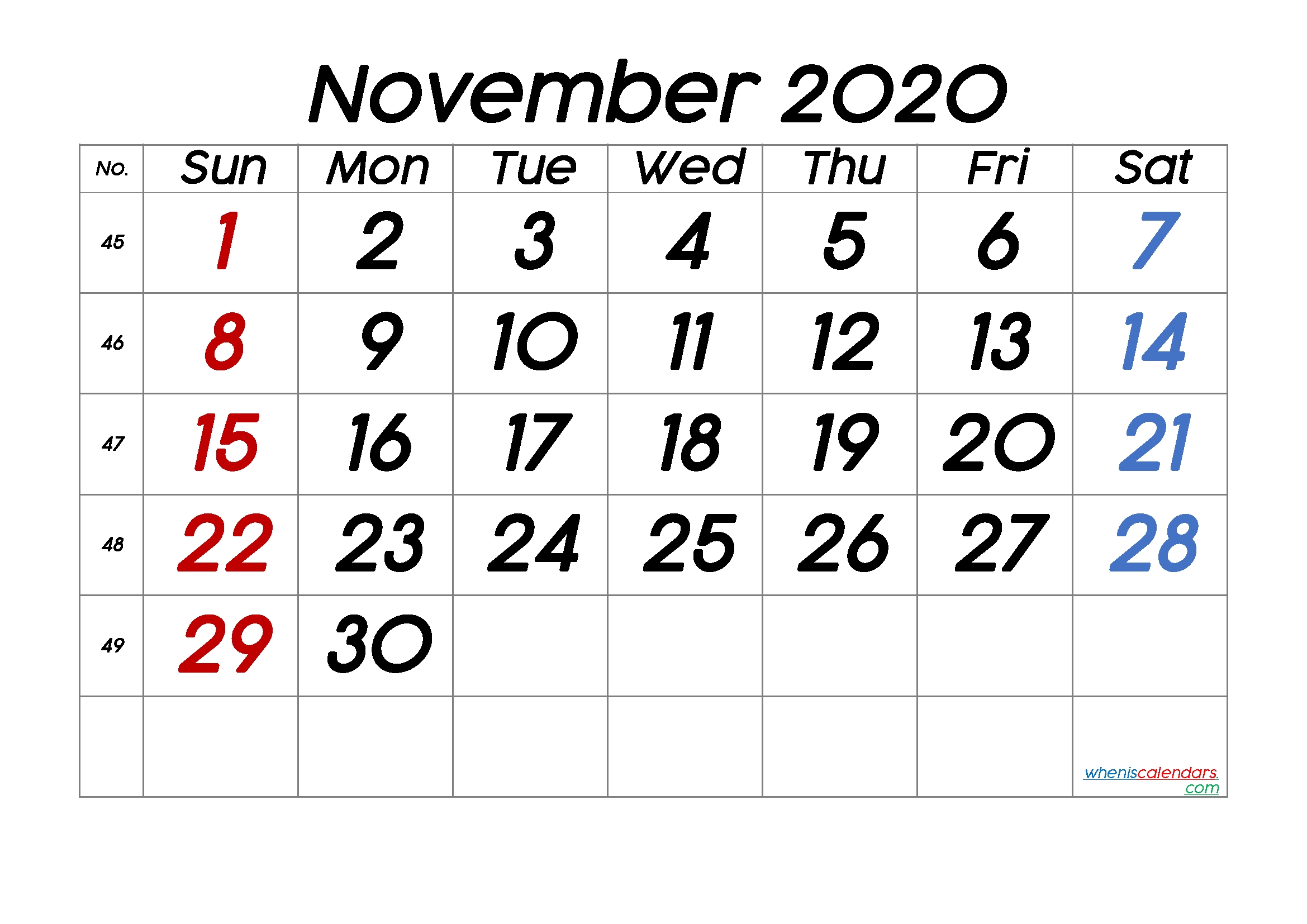 Free Printable November 2020 Calendar With Week Numbers-Where Do They Have Calendars With Large Numbers