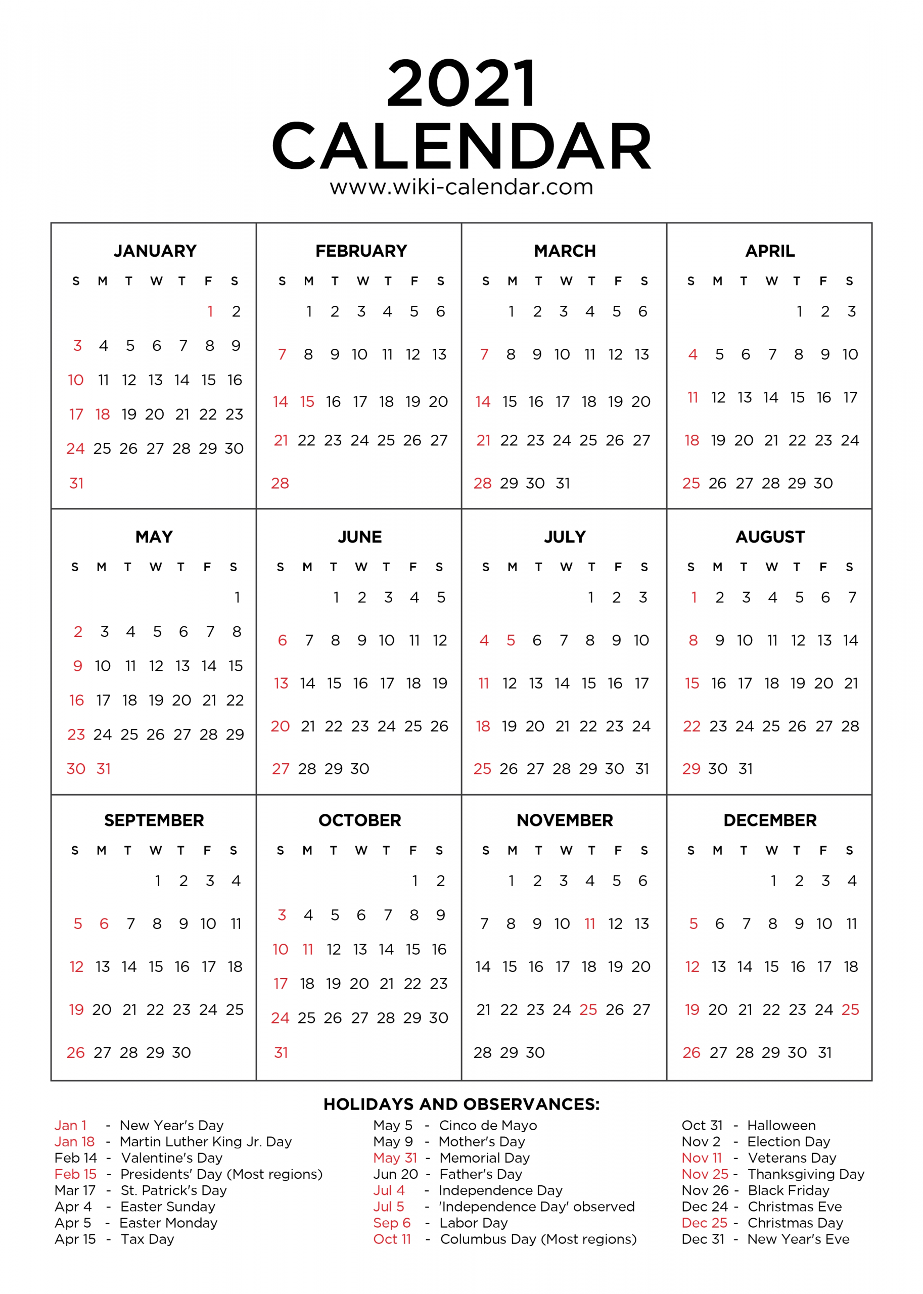 Free Printable Year 2021 Calendar With Holidays-2021 Calendar With Holidays Printable