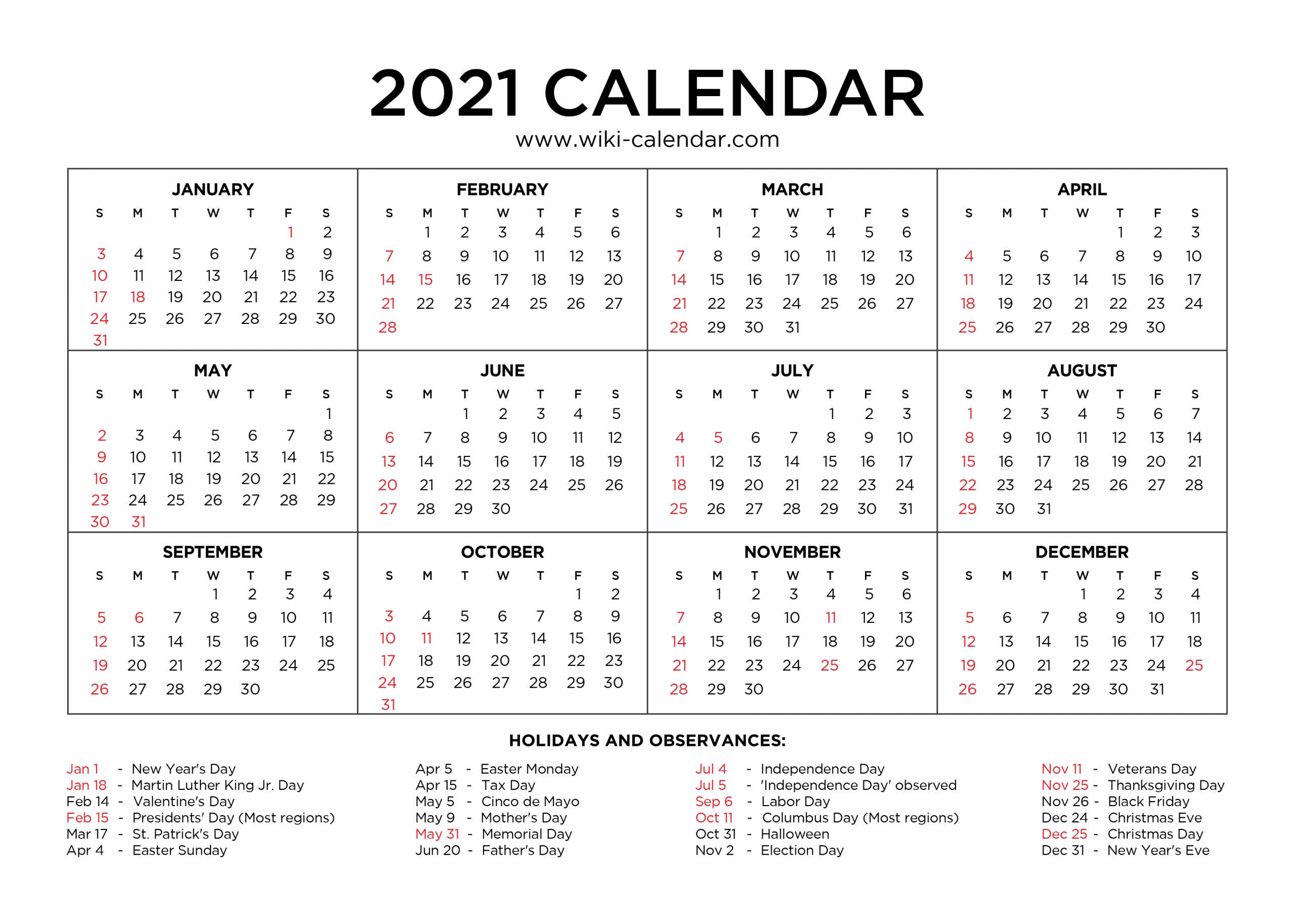 Free Printable Year 2021 Calendar With Holidays-Free Printable Yearly Calendar 2021 2021