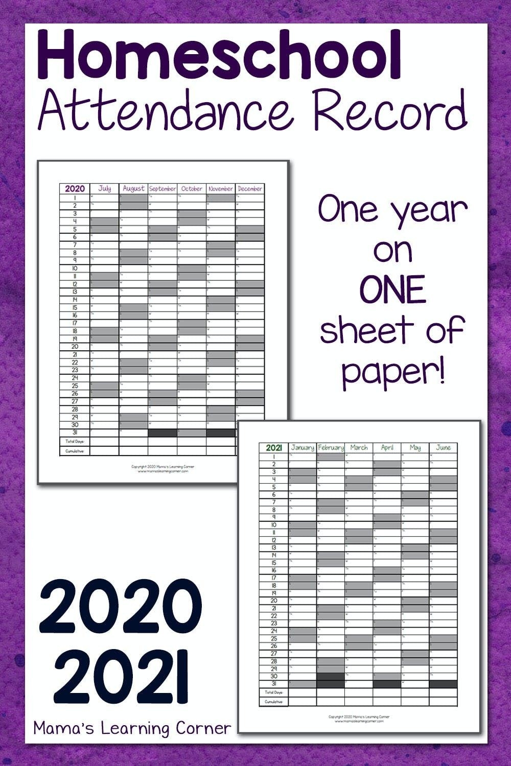 Homeschool Attendance Record 2020-2021 | Homeschool-Printable Blank Attendance Tracker Calendar 2021