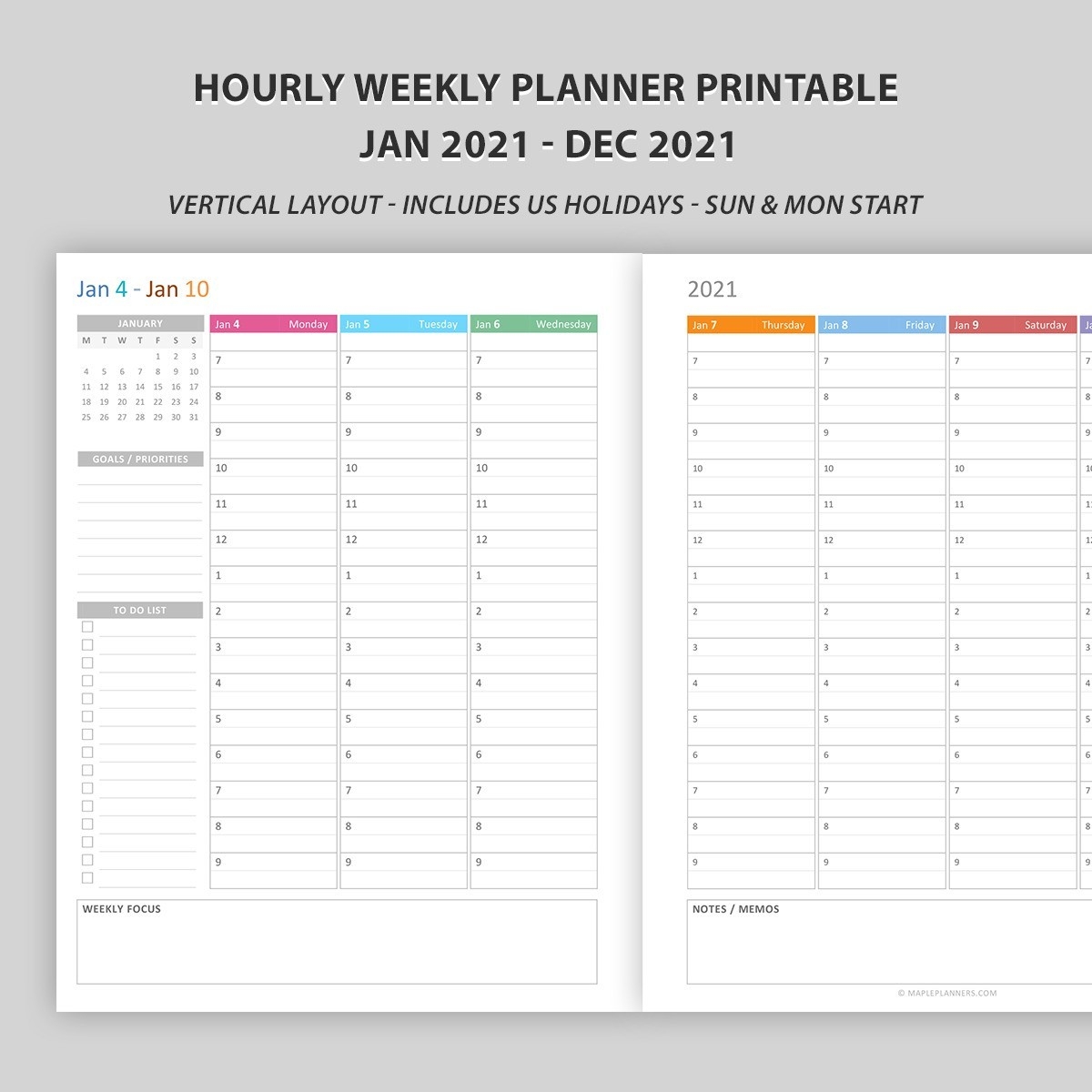 Hourly Weekly Planner 2021 Vertical Layout - Maple Art Studio-Print Hourly Calendar 2021