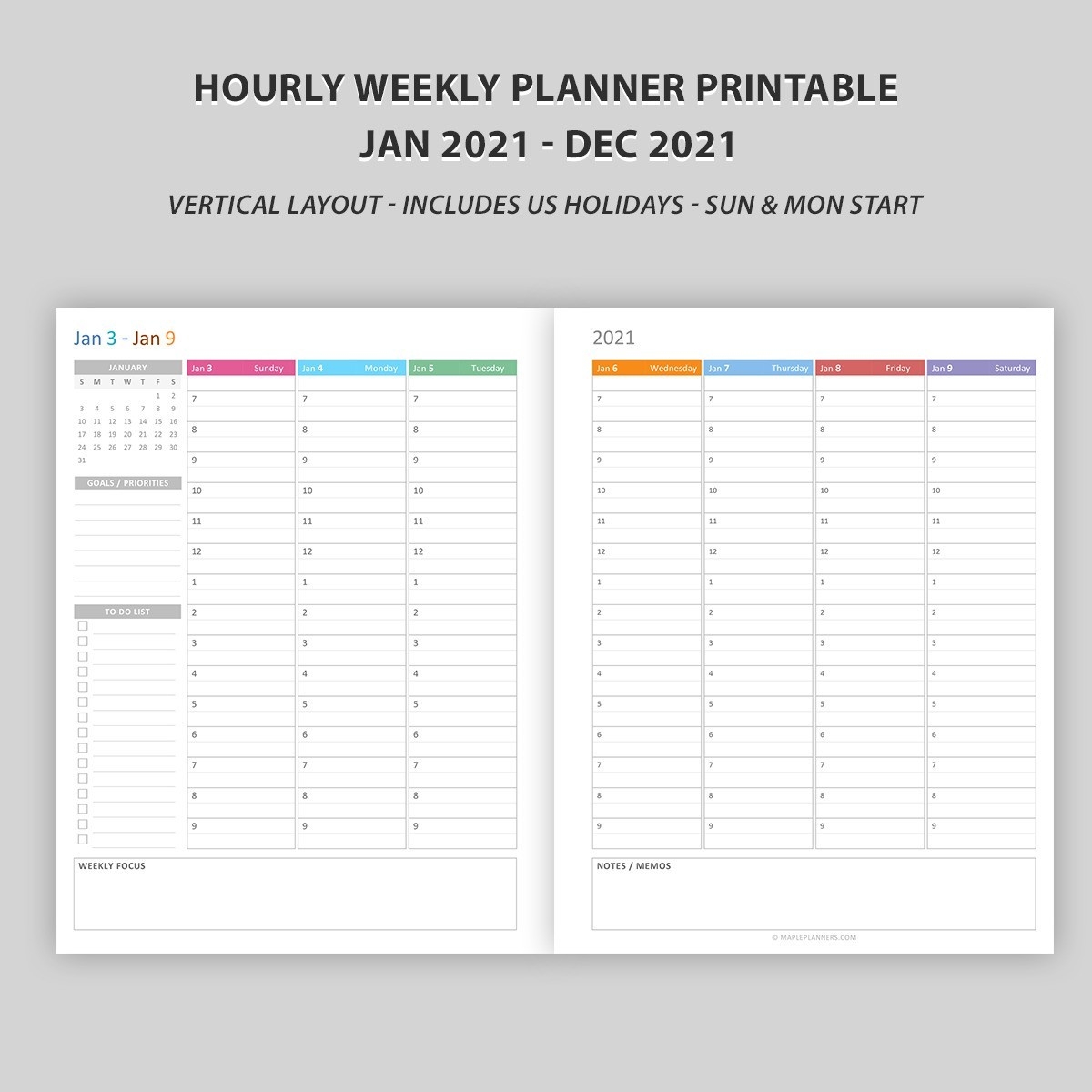 Hourly Weekly Planner 2021 Vertical Layout - Maple Art Studio-Print Hourly Calendar 2021