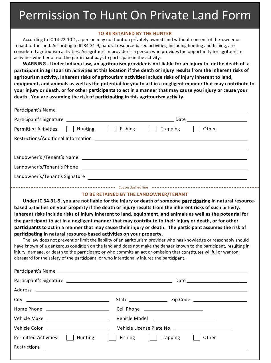 Indiana Permission To Hunt On Private Land Form Download-Printable 2021 Indiana Deer Season