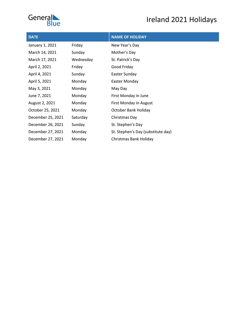 Ireland Holidays 2021 In Pdf, Word And Excel-Bank Holidays Calendar 2021