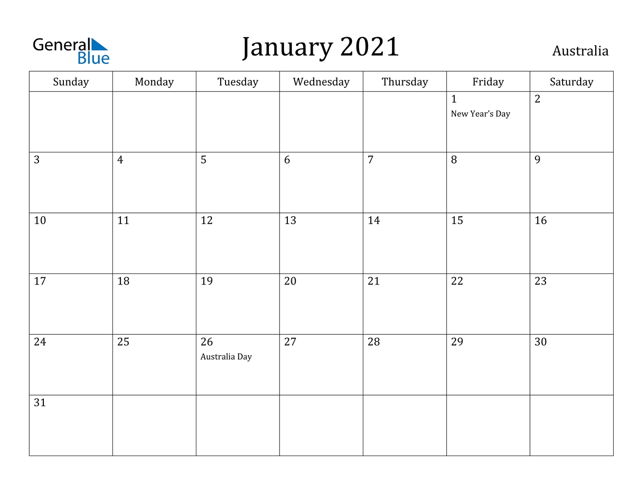 January 2021 Calendar - Australia-Calendar For 2021 Australia Printable
