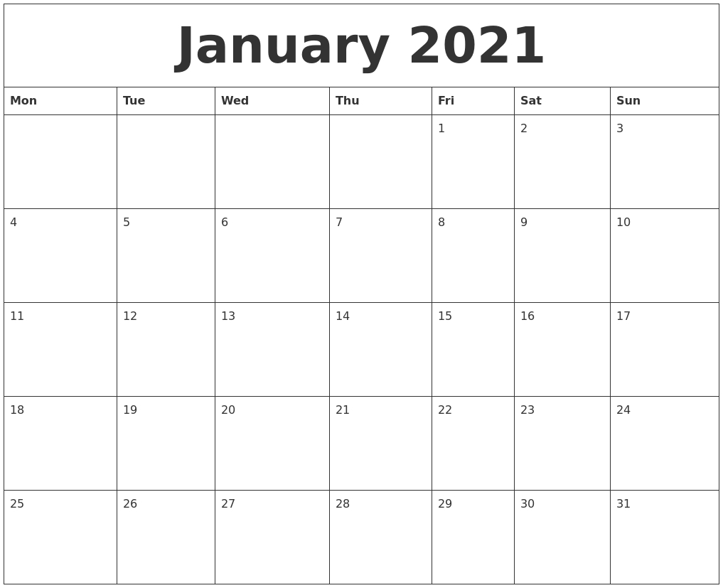 January 2021 Calendar-Blank Monday Through Friday Schedule For 2021