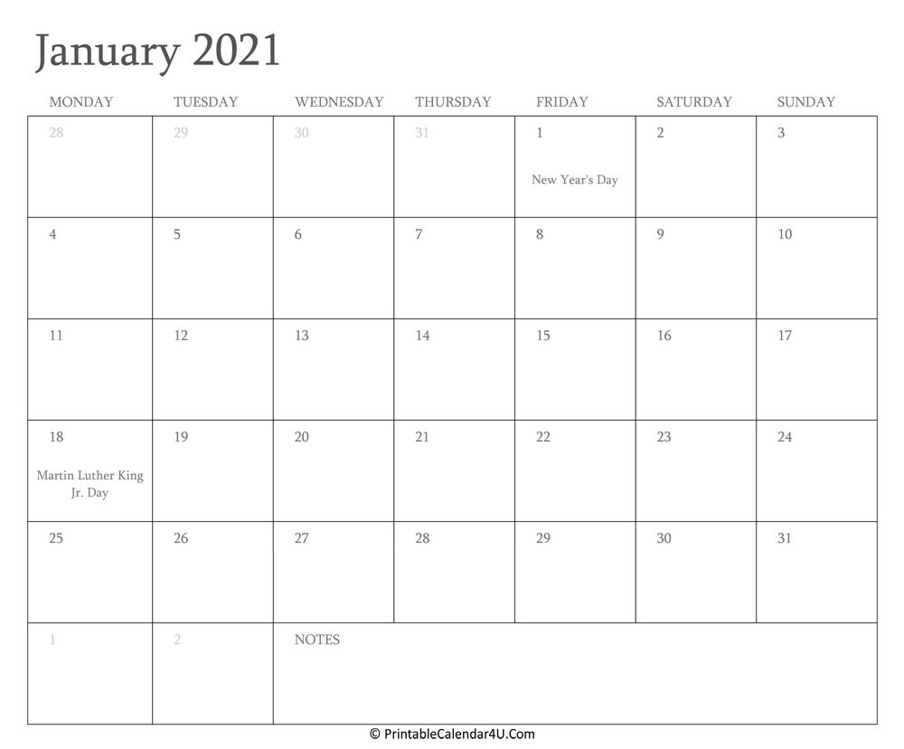 January 2021 Calendar Printable With Holidays-Free Printable Monthly Calendar With Holidays 2021