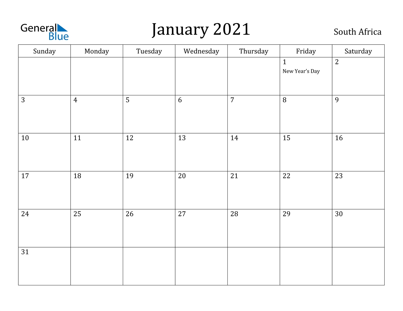January 2021 Calendar - South Africa-2021 Calendar With Holidays Sa