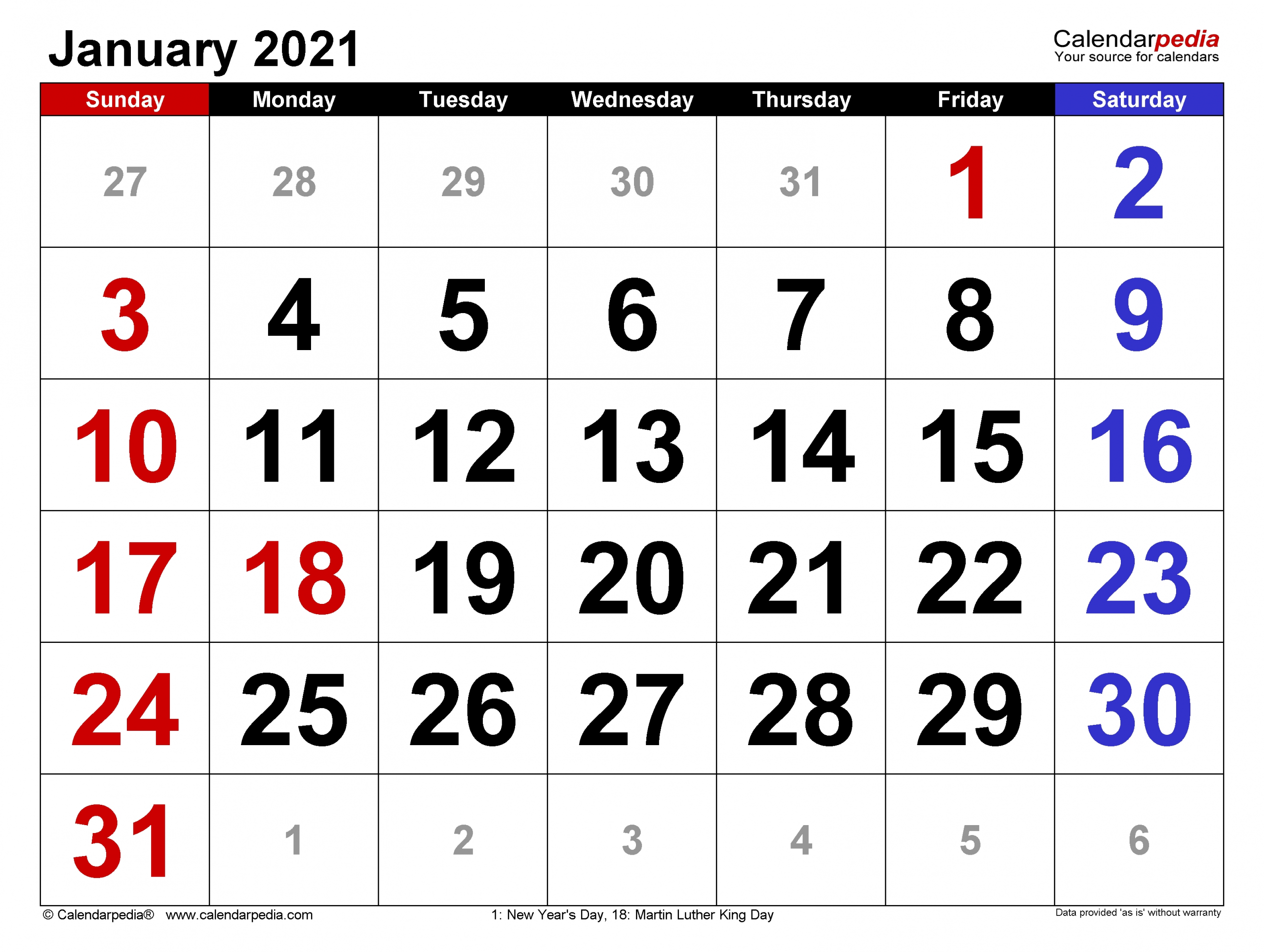 January 2021 Calendar | Templates For Word, Excel And Pdf-Monthly Calendar 2021 Printable Large