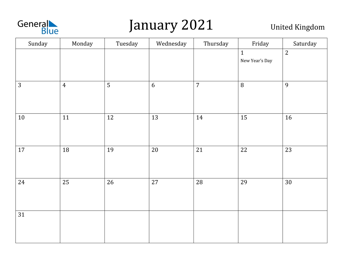 January 2021 Calendar - United Kingdom-2021 Calendar Uk Printable