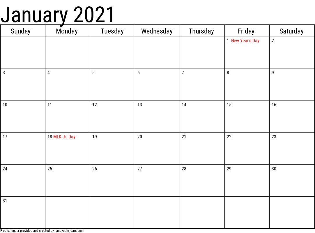 January 2021 Calendar With Holidays | Jan Calendar 2021 Yearly!!-2021 Calendar With Holidays Printable