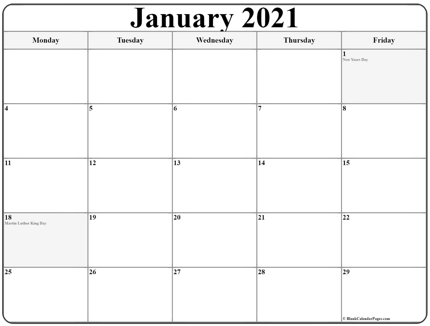 January 2021 Monday Calendar | Monday To Sunday-Blank Monday Through Friday Schedule For 2021