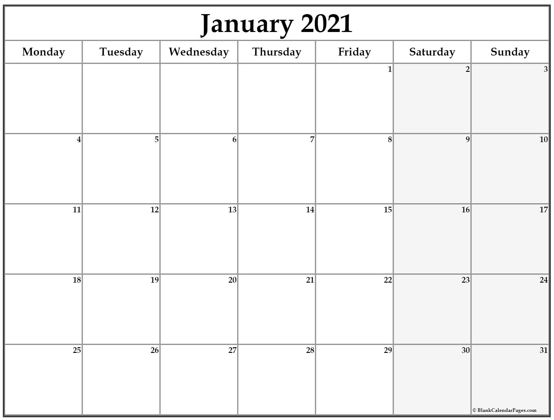 January 2021 Monday Calendar | Monday To Sunday-Monday-Friday Calendar Printable 2021