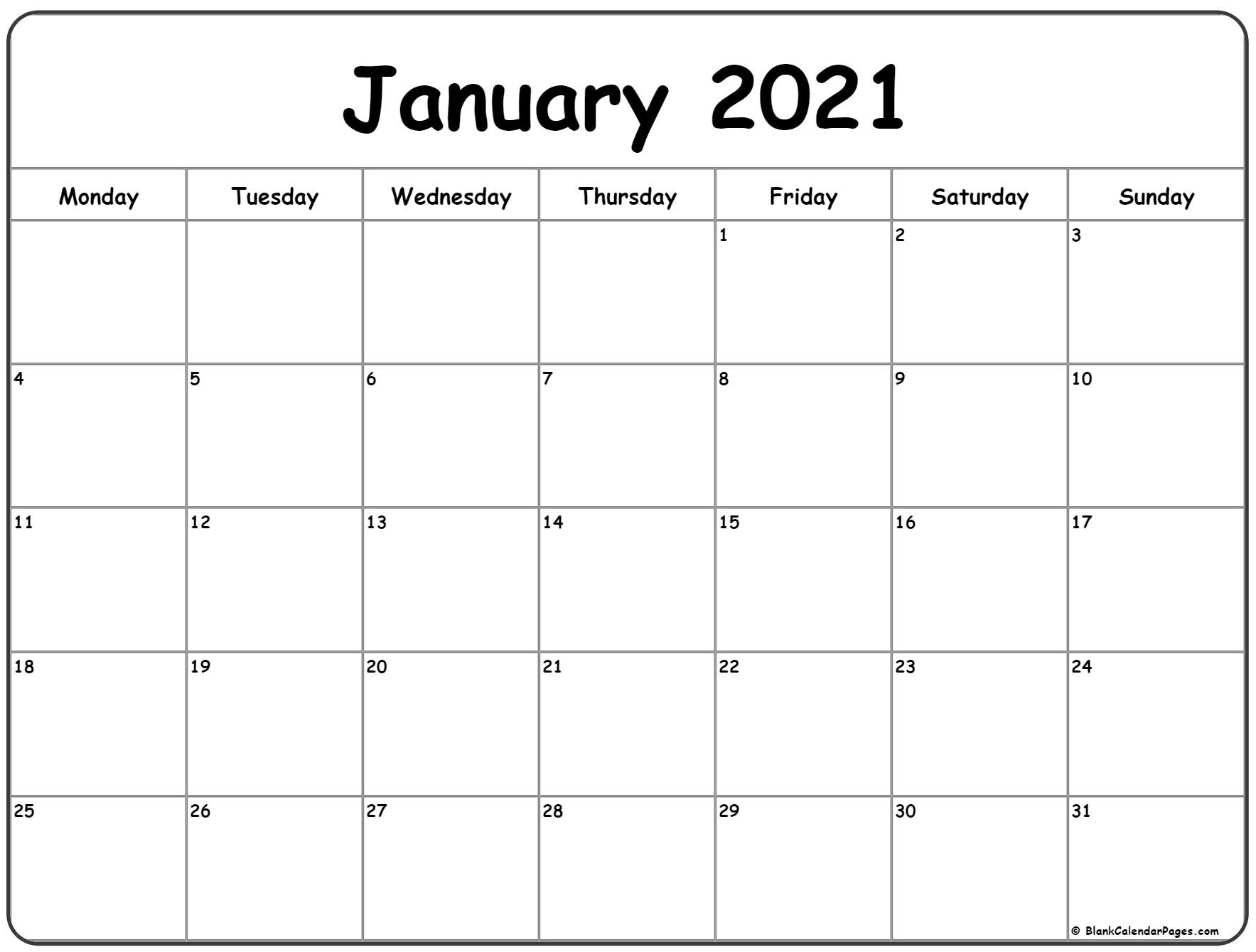 January 2021 Monday Calendar | Monday To Sunday-Monday Start 2021 Calendar