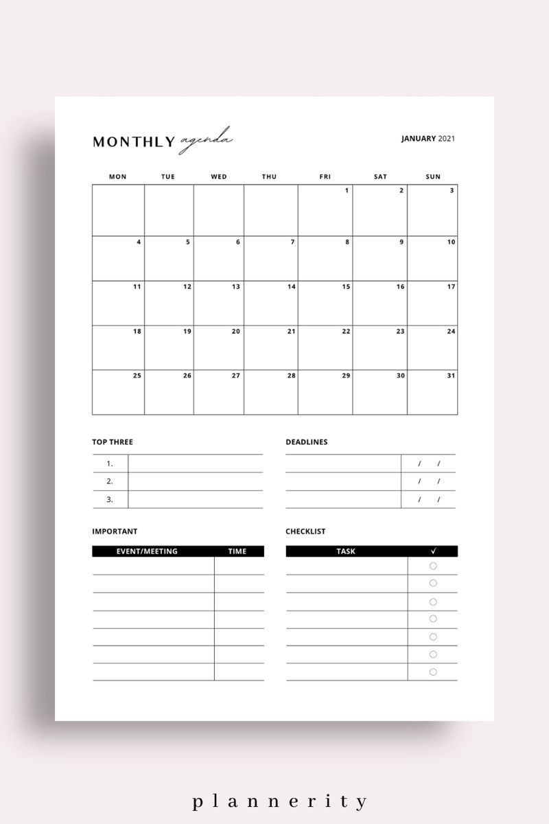 January 2021 Monthly Planner Printable Mo1P In A5 Size-Printable Monthly Checklist For 2021