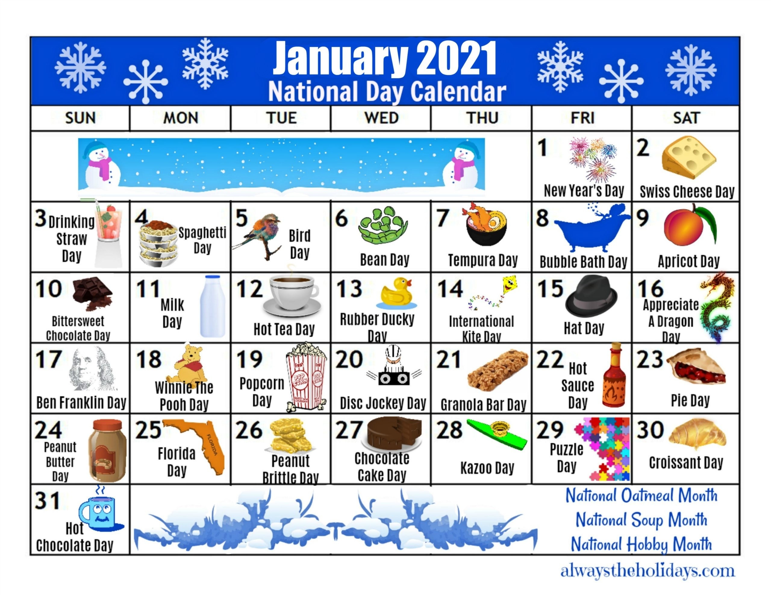 January Printable National Day Calendar 2021 - Free Planning-Free November Holiday National Food Holiday Printout 2021