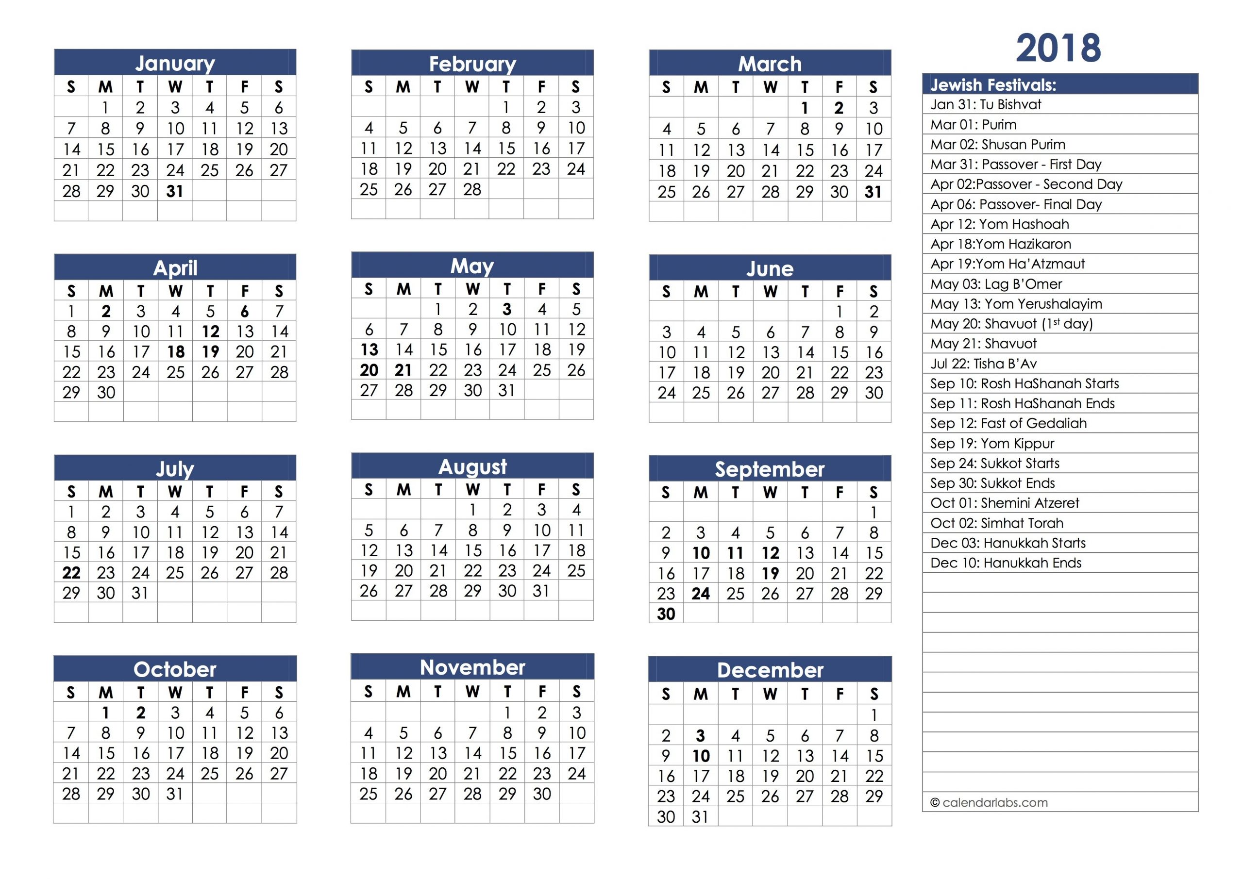 Jewish Holidays Calendar 2018 - Hebrew Calendar Festivals-Editable Jewish Calendar 2021