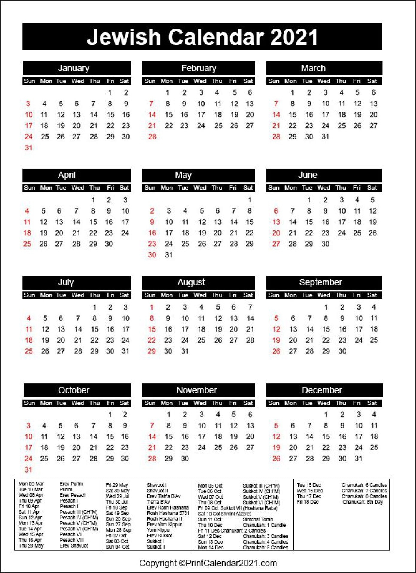 Jewish Holiday Calendar 2021 | Calendar Template Printable