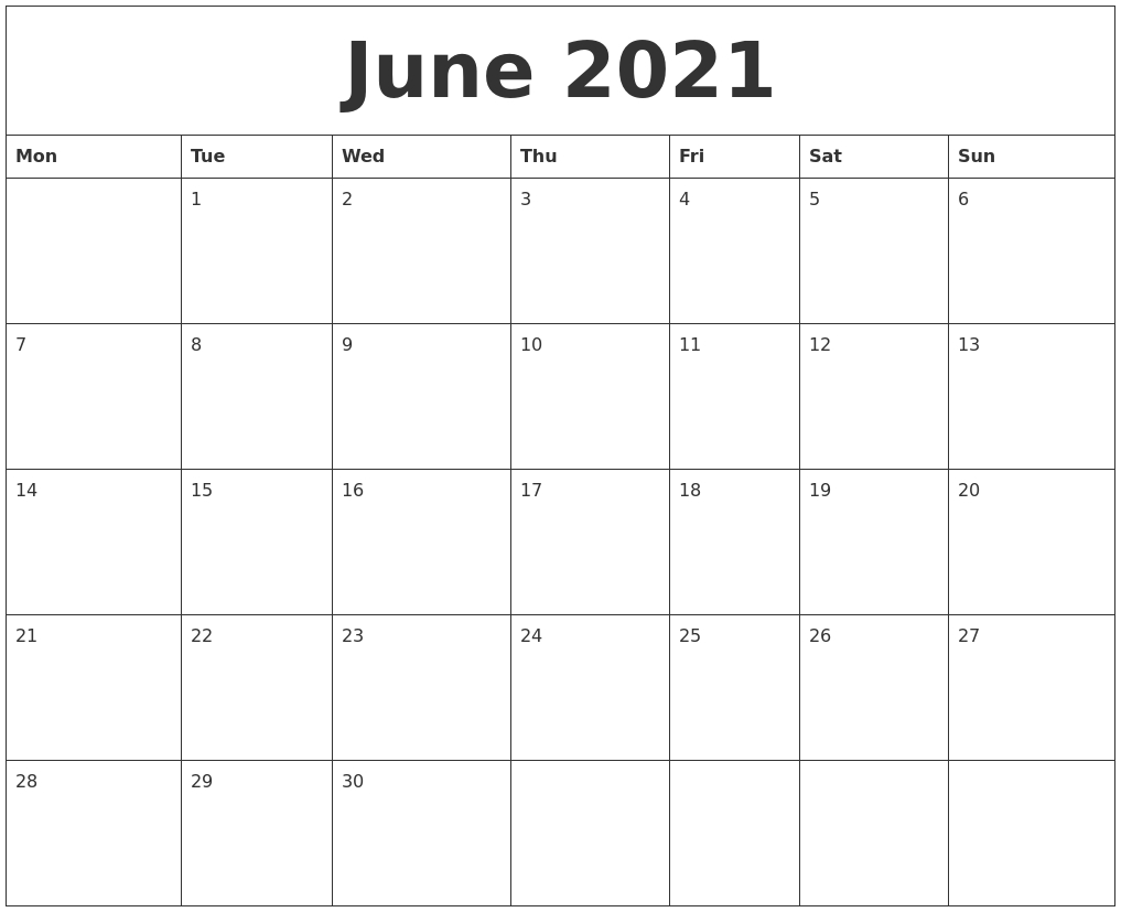 June 2021 Blank Calendar Printable-Fill In 2021 Calendar Pages Blank