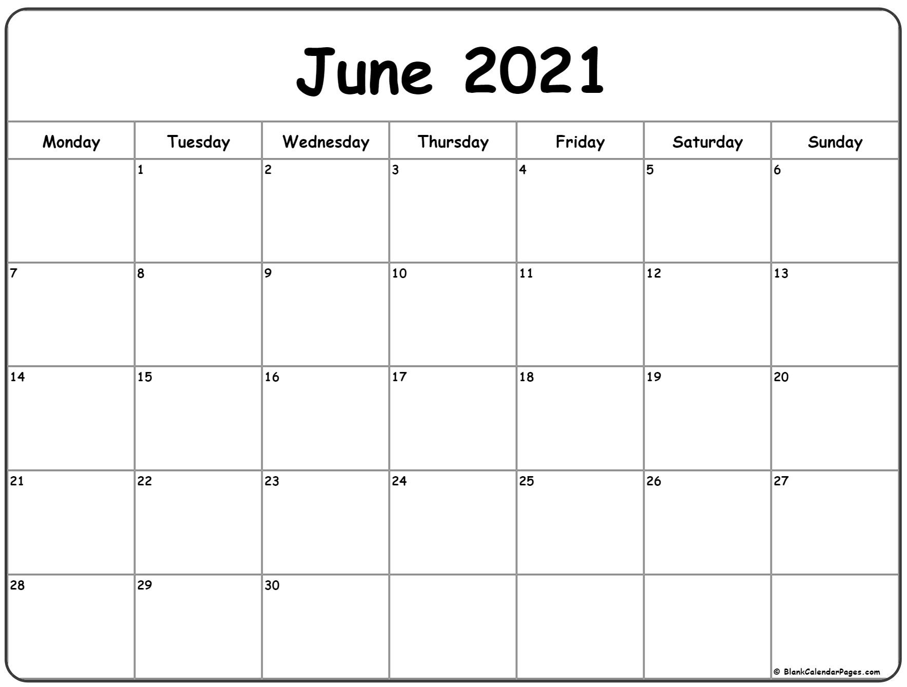 June 2021 Monday Calendar | Monday To Sunday-June Calendar 2021 Printable