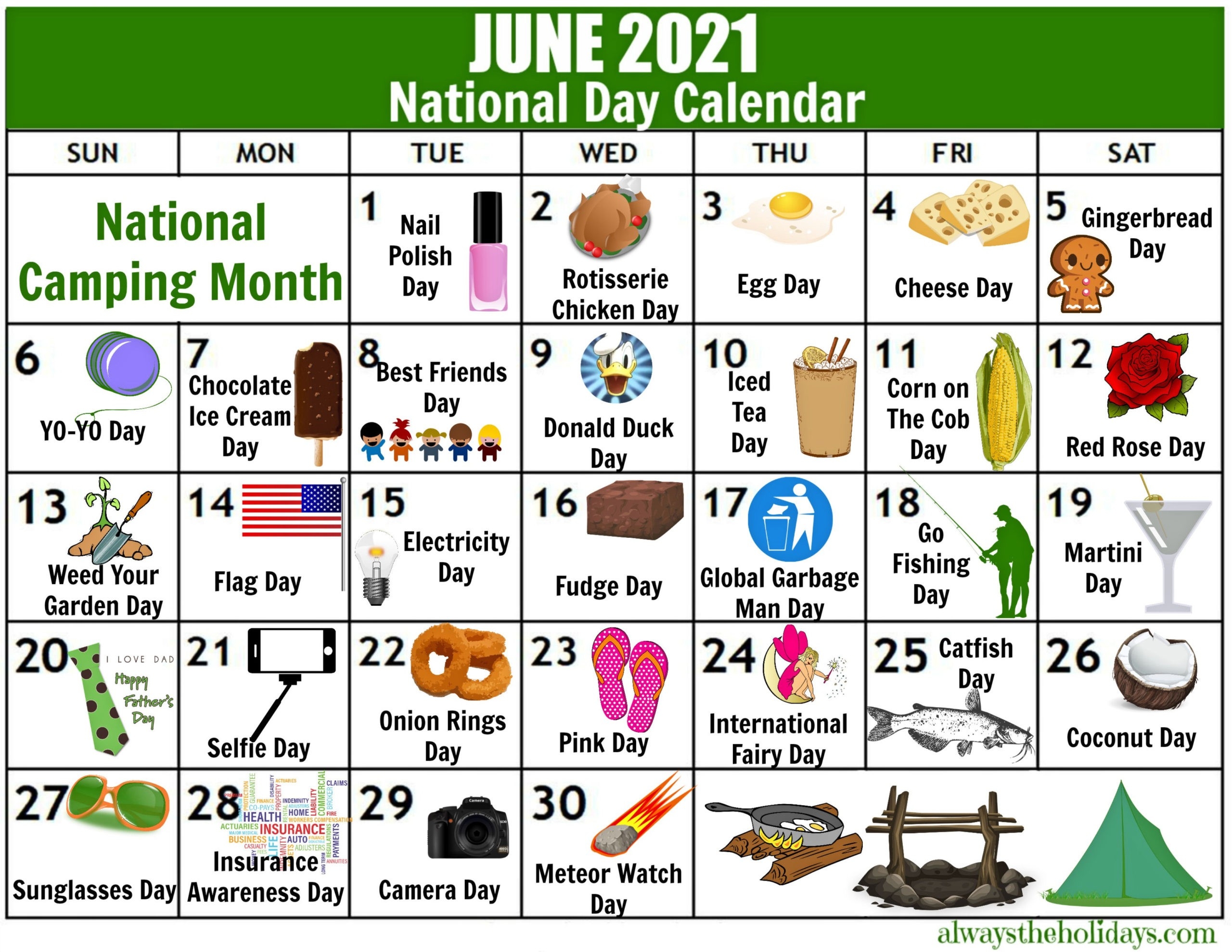 June National Day Calendar Printable - Father&#039;S Day, Camping-2021 National Food Holidays Printable