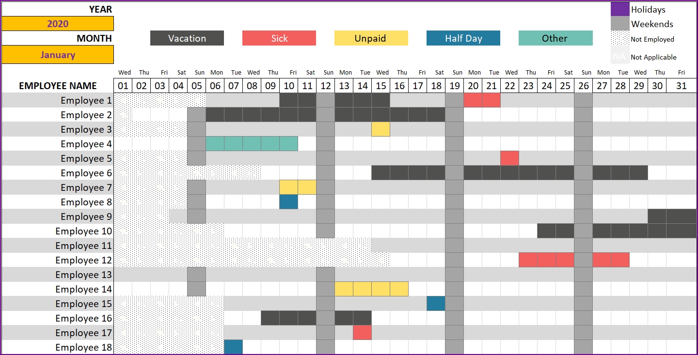 Leave Tracker &amp; Employee Vacation Tracker Excel Template 2020-2021 Leave Planner Excel Template