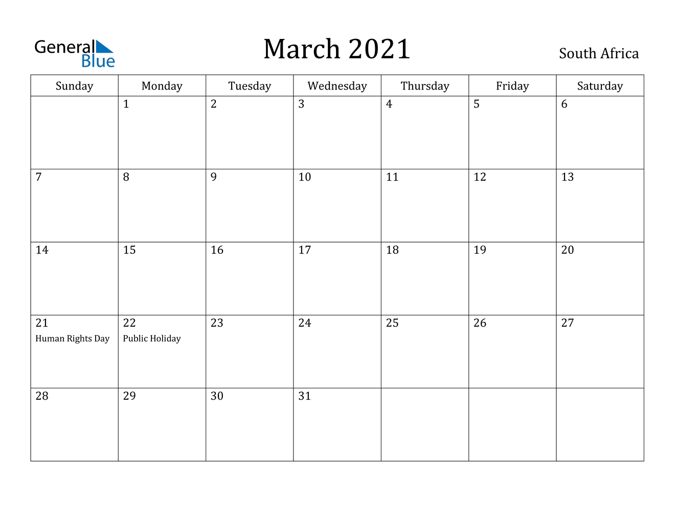 March 2021 Calendar - South Africa-2021 South African Calendar