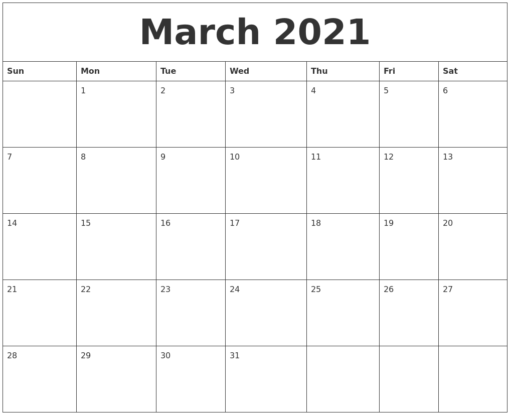 March 2021 Printable Calendar Pages-Blank Calendar Pages March 2021