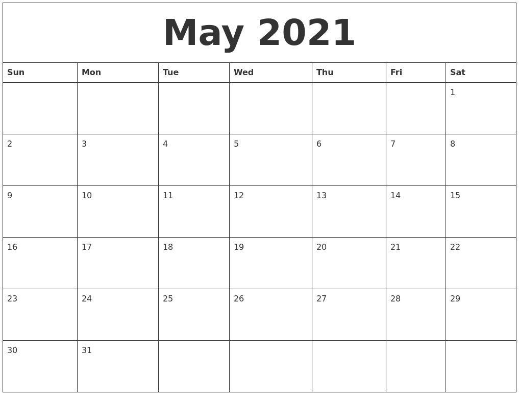 May 2021 Large Printable Calendar-Printable Blank Fill In Monthly Calendar 2021