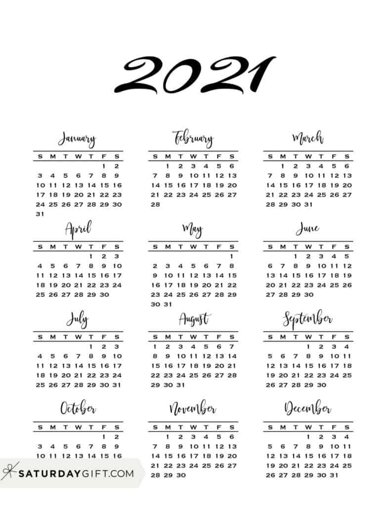Minimal One Page Calendar For 2020 &amp; 2021 {Free Printables}-2021 Year At A Glance Free Calendar