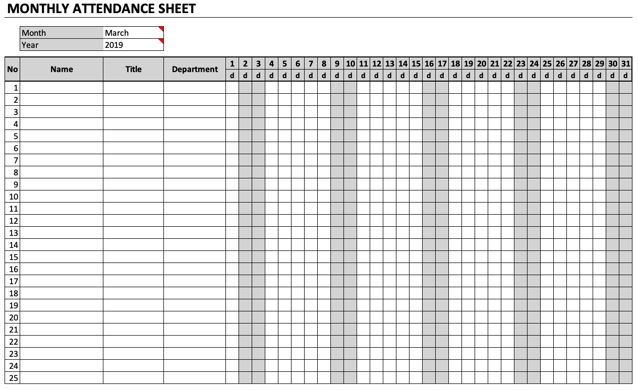 monthly attendance worksheet