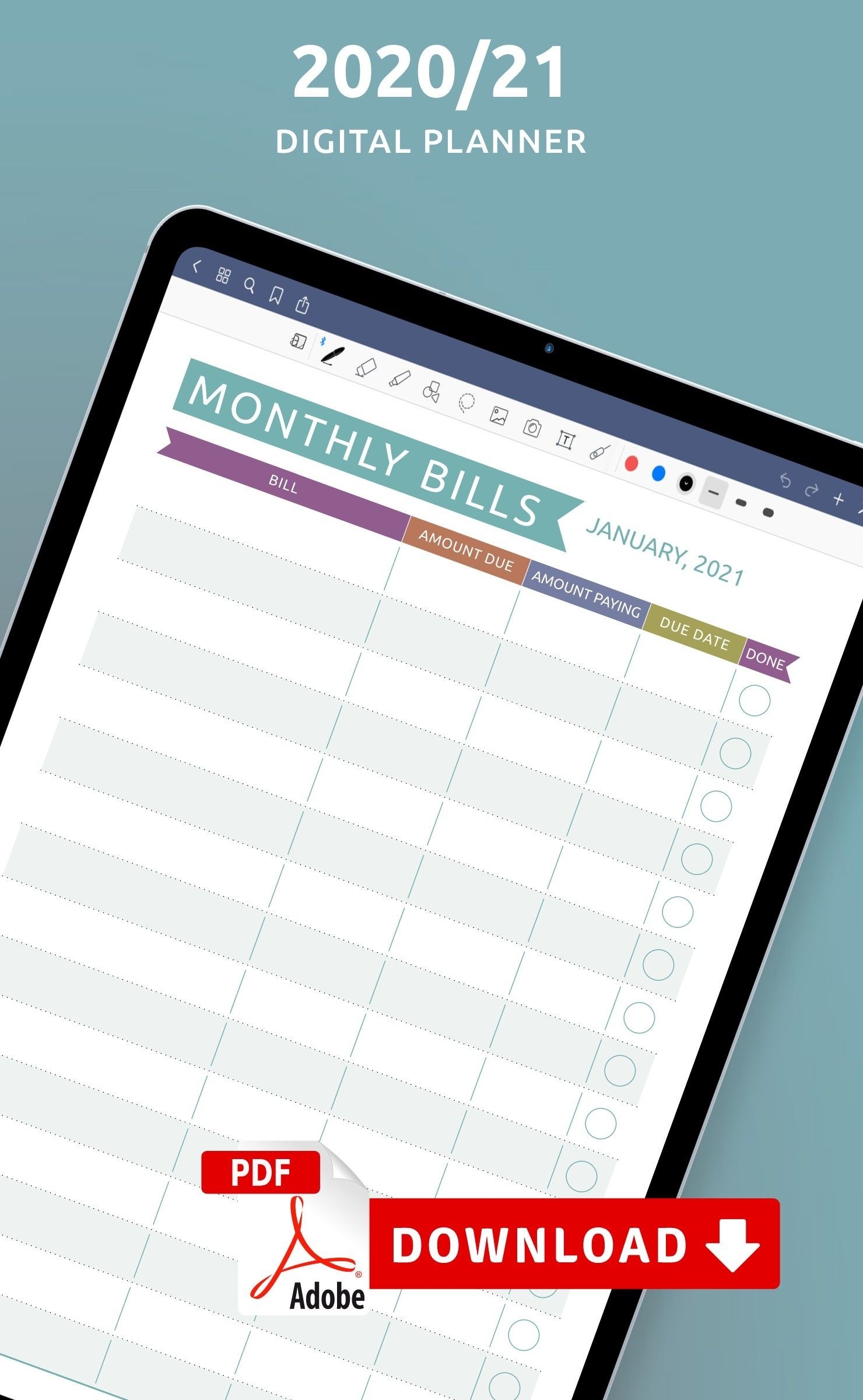 Monthly Budget Printable Template, Personal Budget Planner-2021 Monthlyi Bills