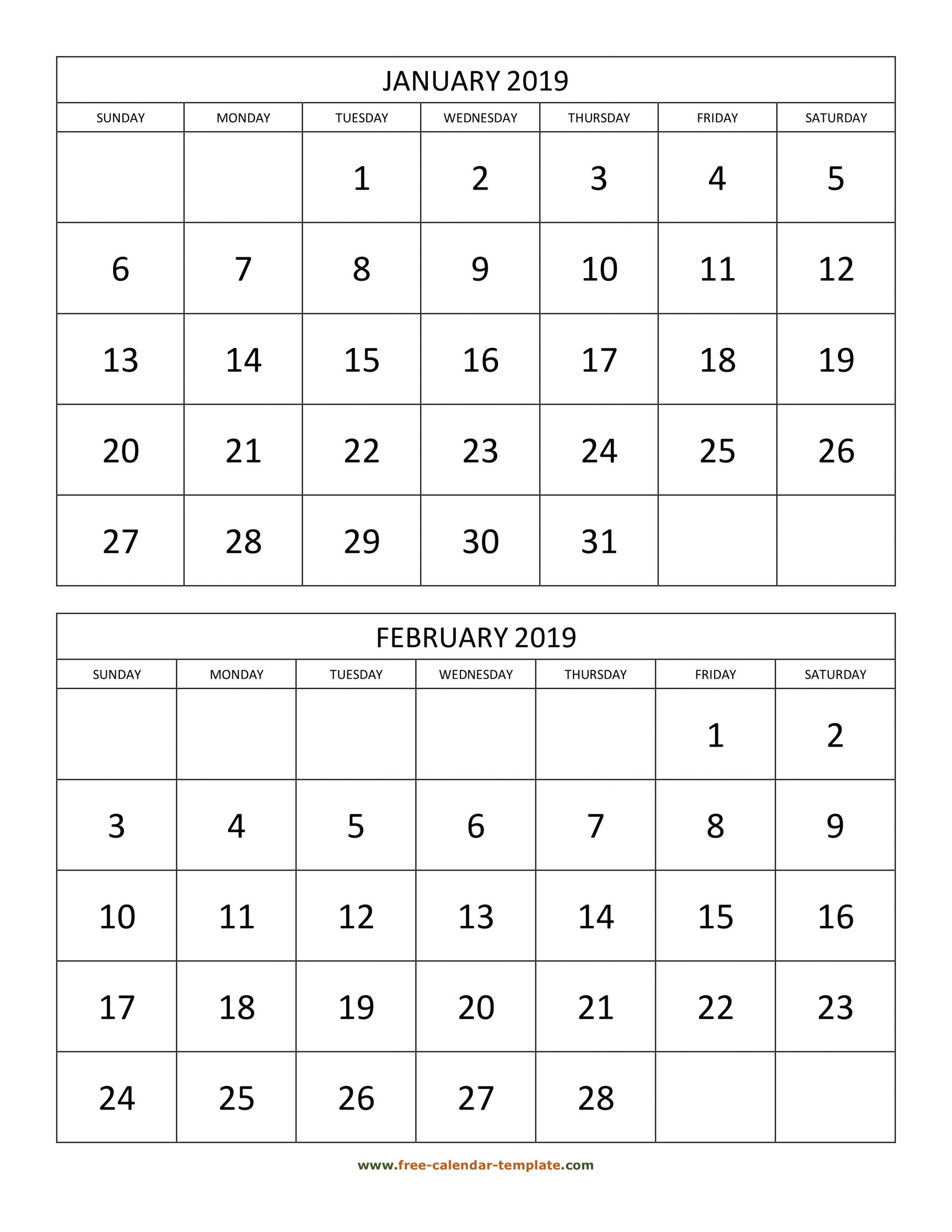 Monthly Calendar 2019, 2 Months Per Page (Vertical) | Free-Free Printable Calendar 2021 2 Month Per Page
