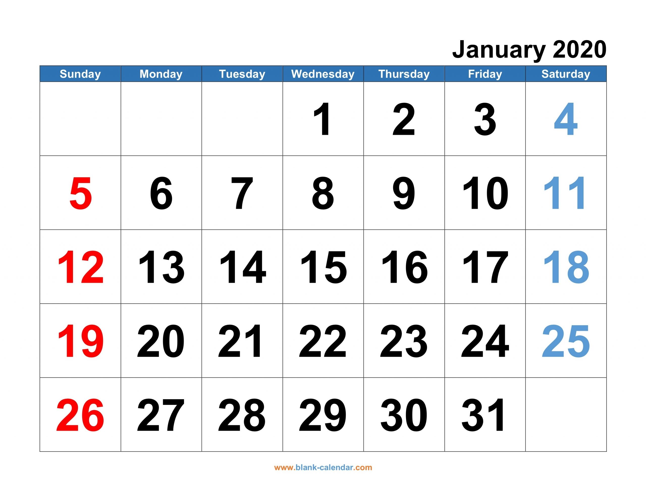 Monthly Calendar 2020 | Free Download, Editable And Printable-Printable Calendars Large Numbers