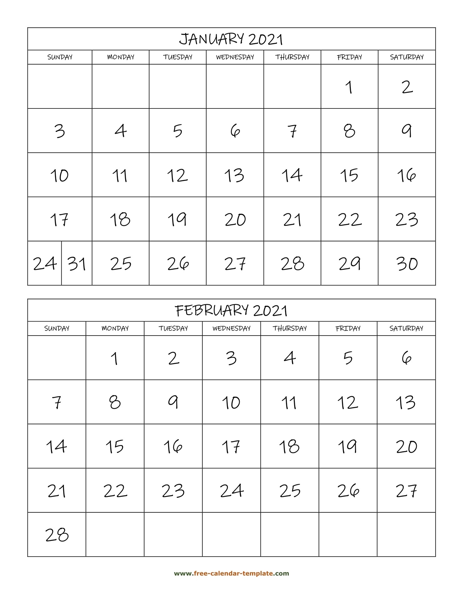 Monthly Calendar 2021, 2 Months Per Page (Vertical) | Free-2021 Two Month Calendar Free Printable