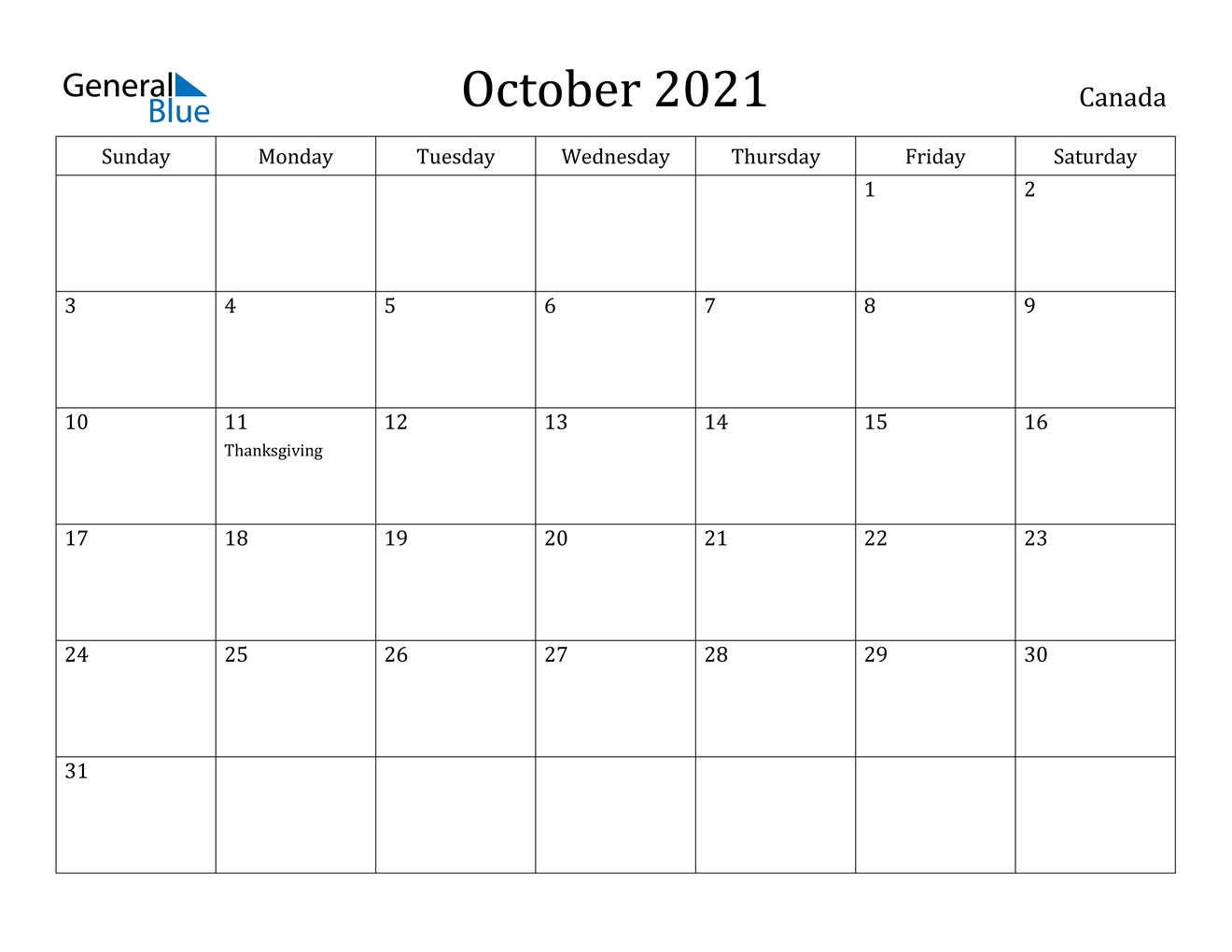 October 2021 Calendar - Canada-October 2021 Calendar