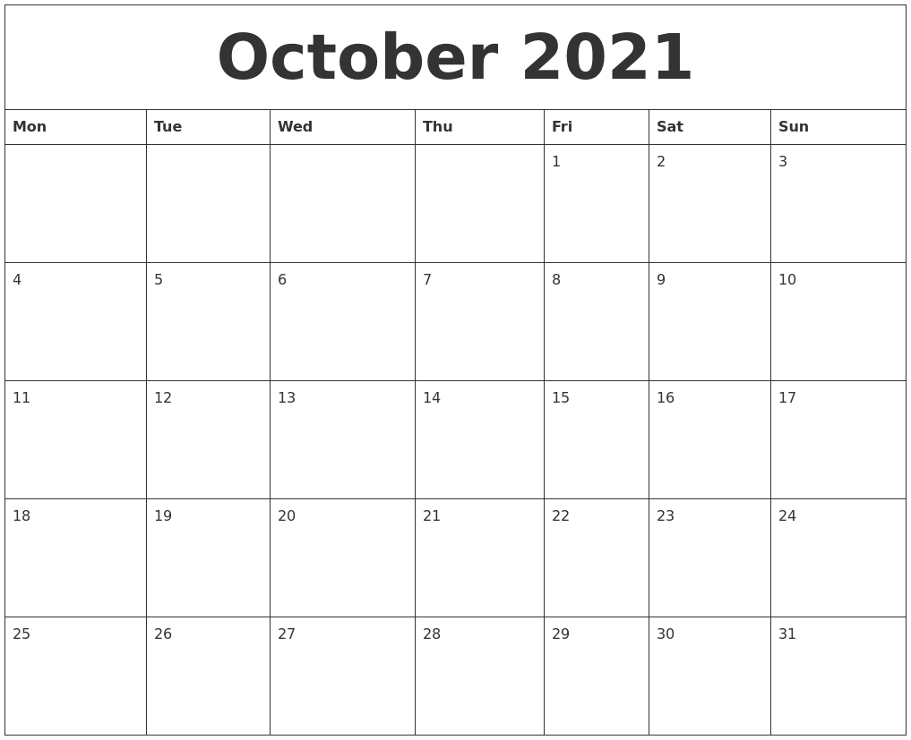 October 2021 Free Online Calendar-Online Calendar 2021