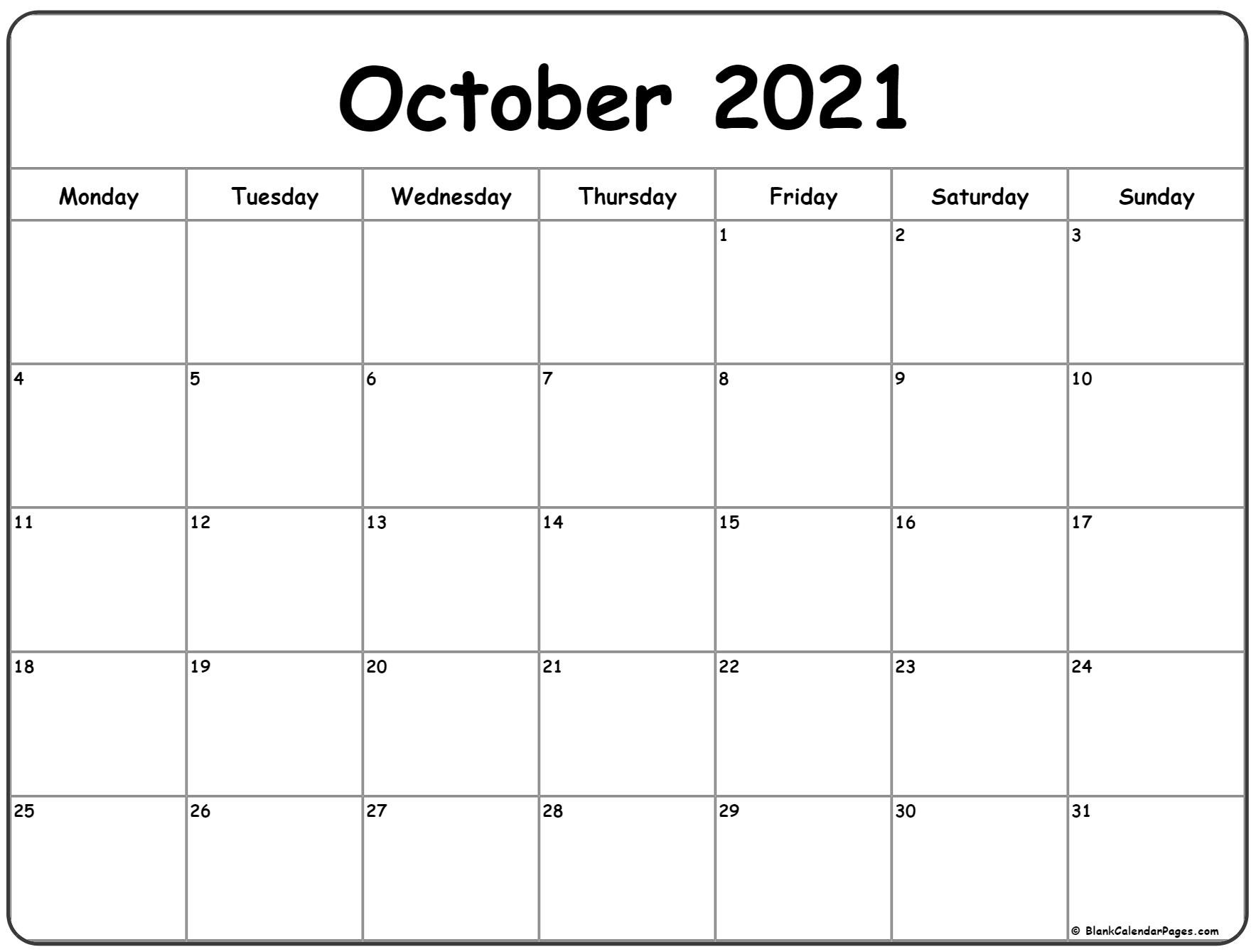 October 2021 Monday Calendar | Monday To Sunday-October 2021 Calendar