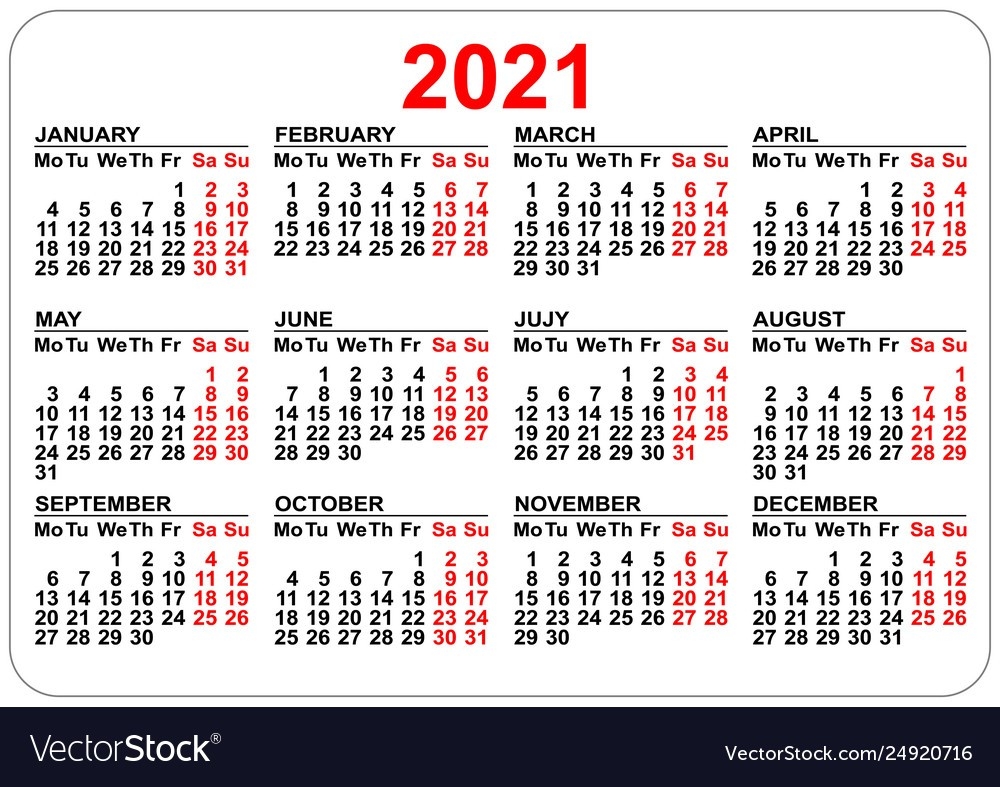 Pocket Calendar 2021 Grid Template Isolated On Vector Image-Free 2021 Pocket Calendar