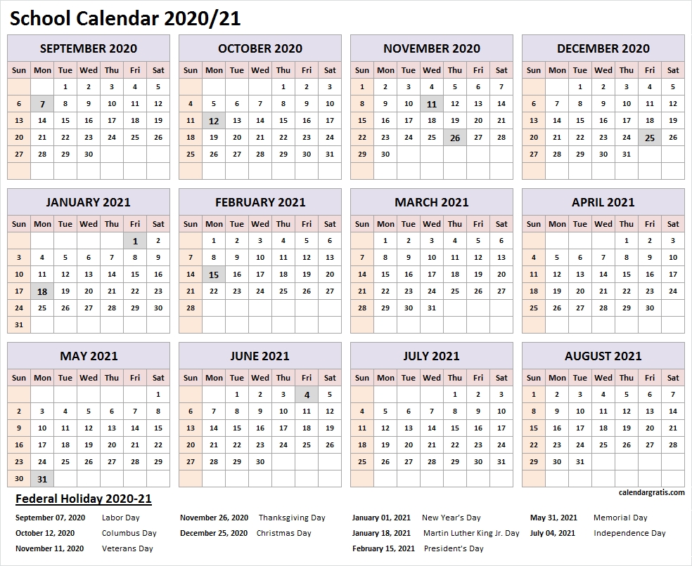 Printable 2020-2021 School Calendar Template (United States-2021 Calendar Printable Free With Bank Holidays