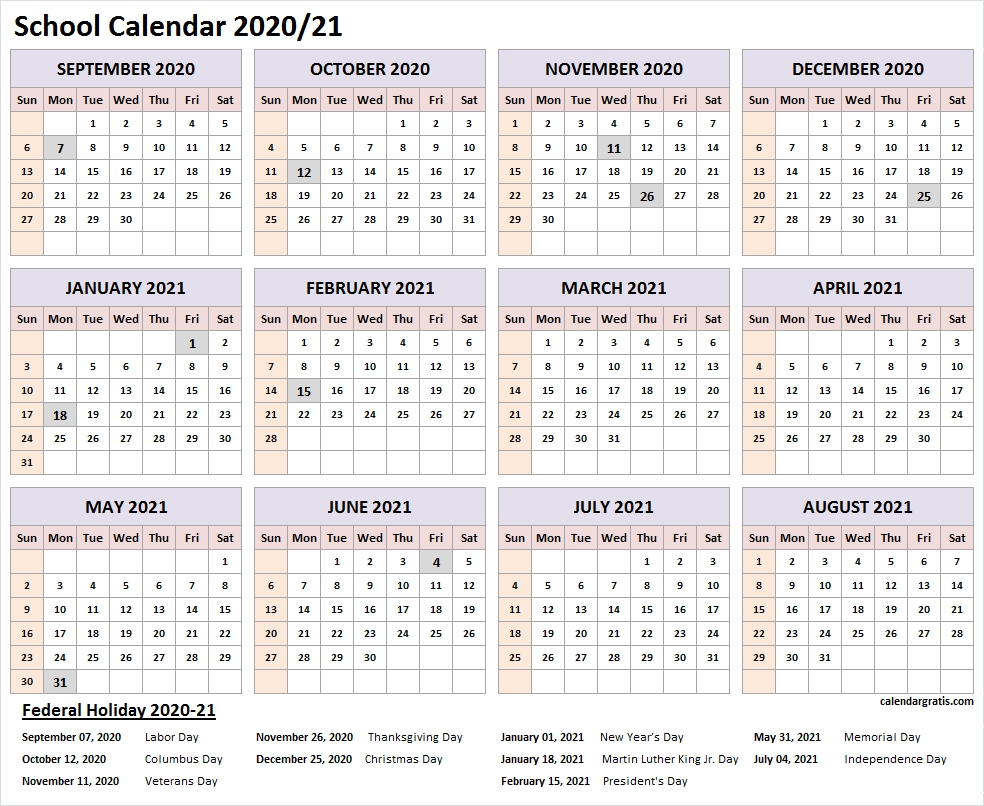 Printable 2020-2021 School Calendar Template (United States-2021 School Holiday Calender