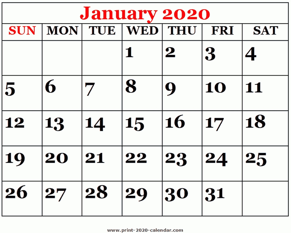 Printable 2020 January Calendar-Printable Calendars Large Numbers