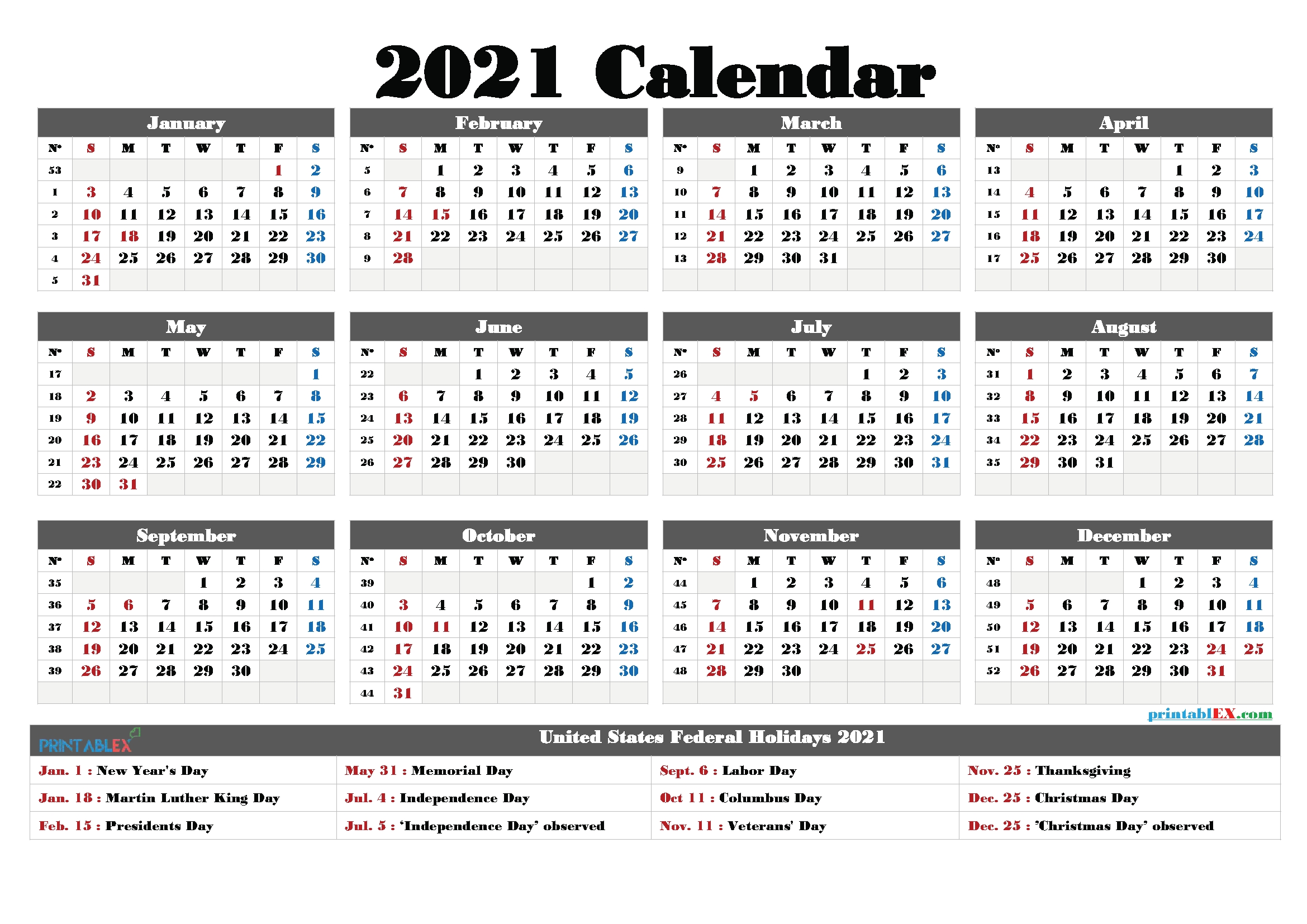 Printable 2021 Calendar With Holidays-Printable Employee Vacation Calendar 2021