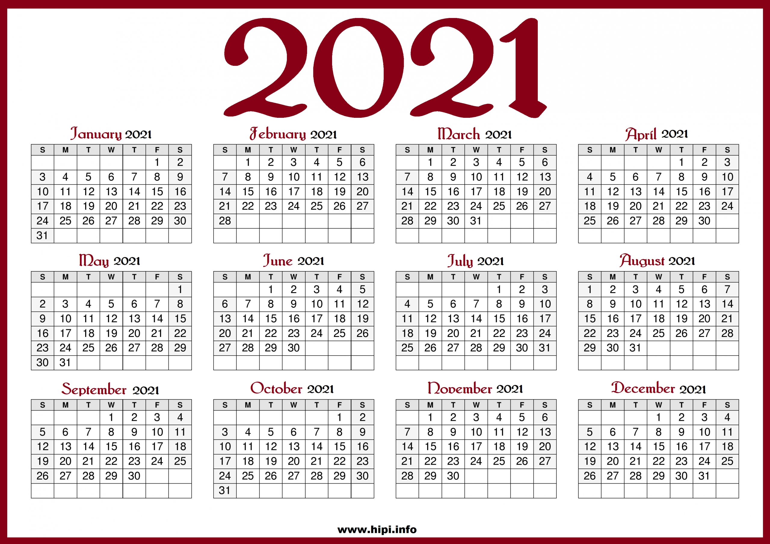 Printable 2021 Calendar With Us Holidays - Red Color - Hipi-2021 Us Calendar With Holidays Printable