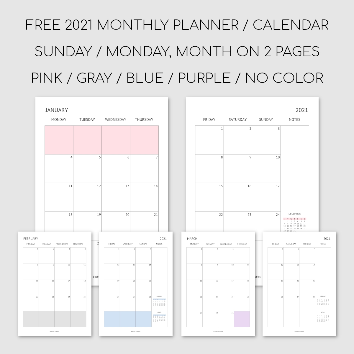 Printable 2021 Monthly Planner / Calendar - Month On 2 Pages-2 Page Monthly Calendar 2021