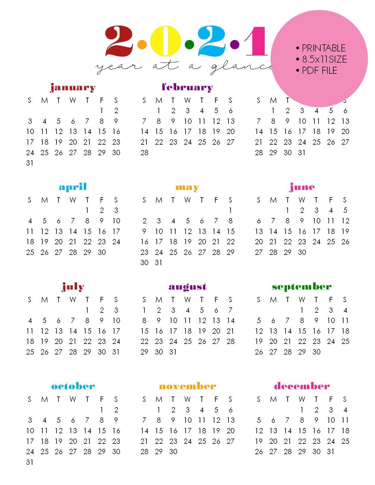 Printable 2021 Year At A Glance, 8.5&quot;X11&quot; Wall Calendar-Calander 2021 June For Bills