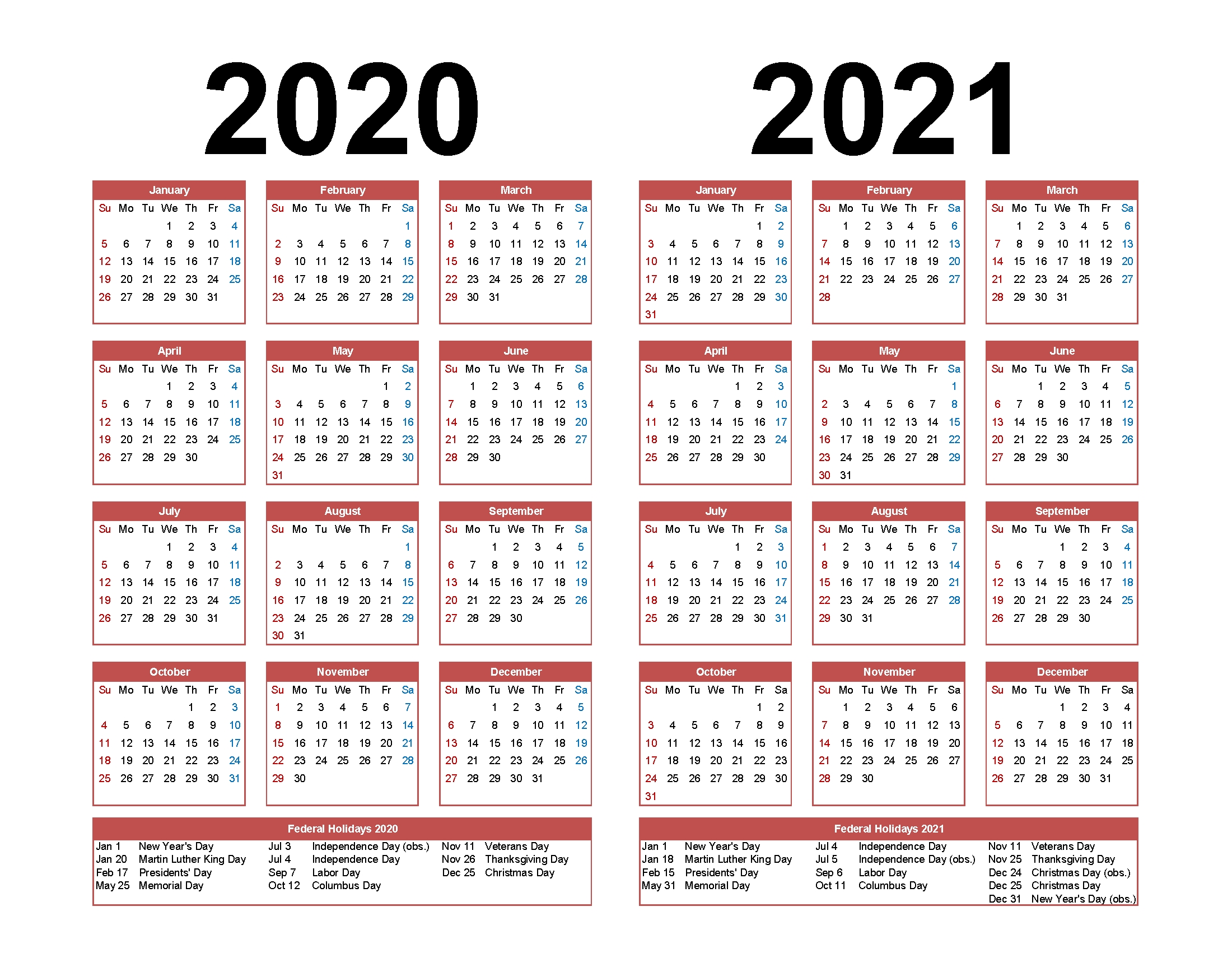 Printable Calendar 2020 2021 Two Year Per Page Free Pdf, Word-2021 2 Column Calendar