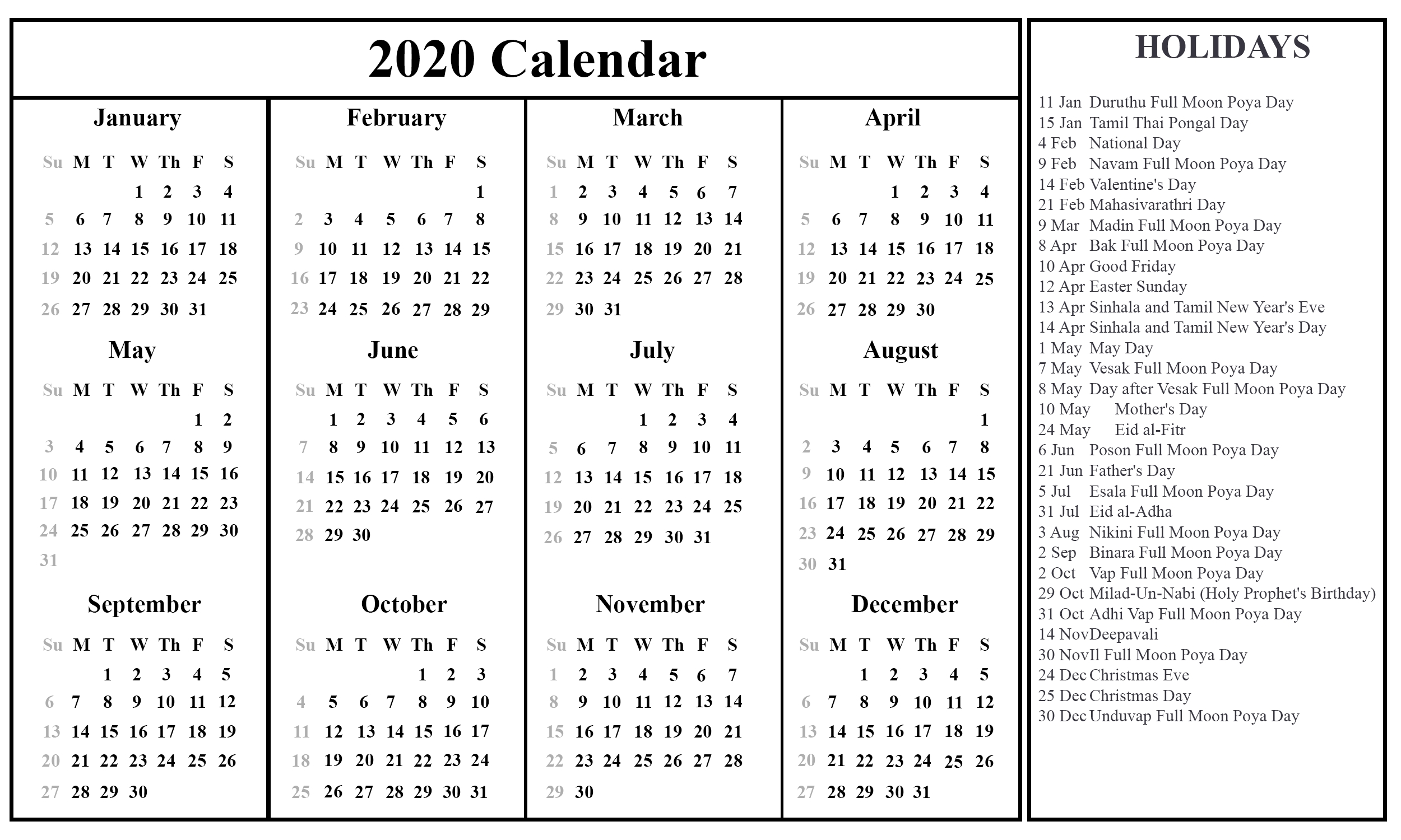 Printable Calendar 2020 With Sri Lanka Holidays | Printable-Mercantile Holidays For 2021 In Sri Lanka