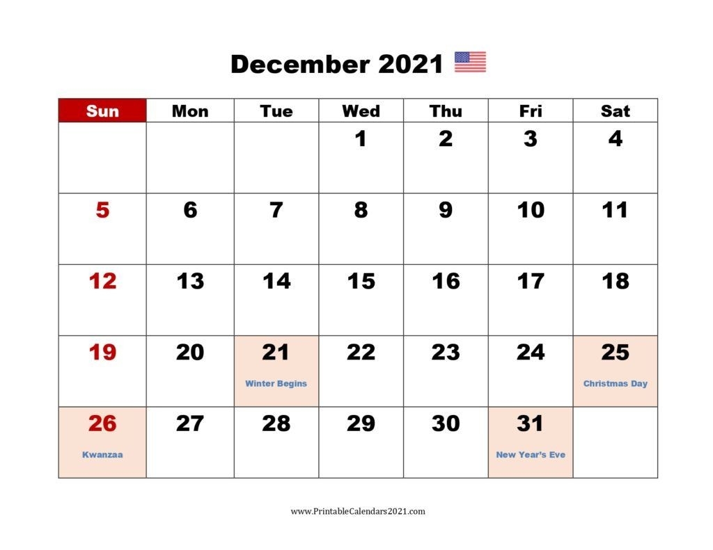 Printable Calendar December 2021, Printable 2021 Calendar-2021 Calendar Printable Vacations